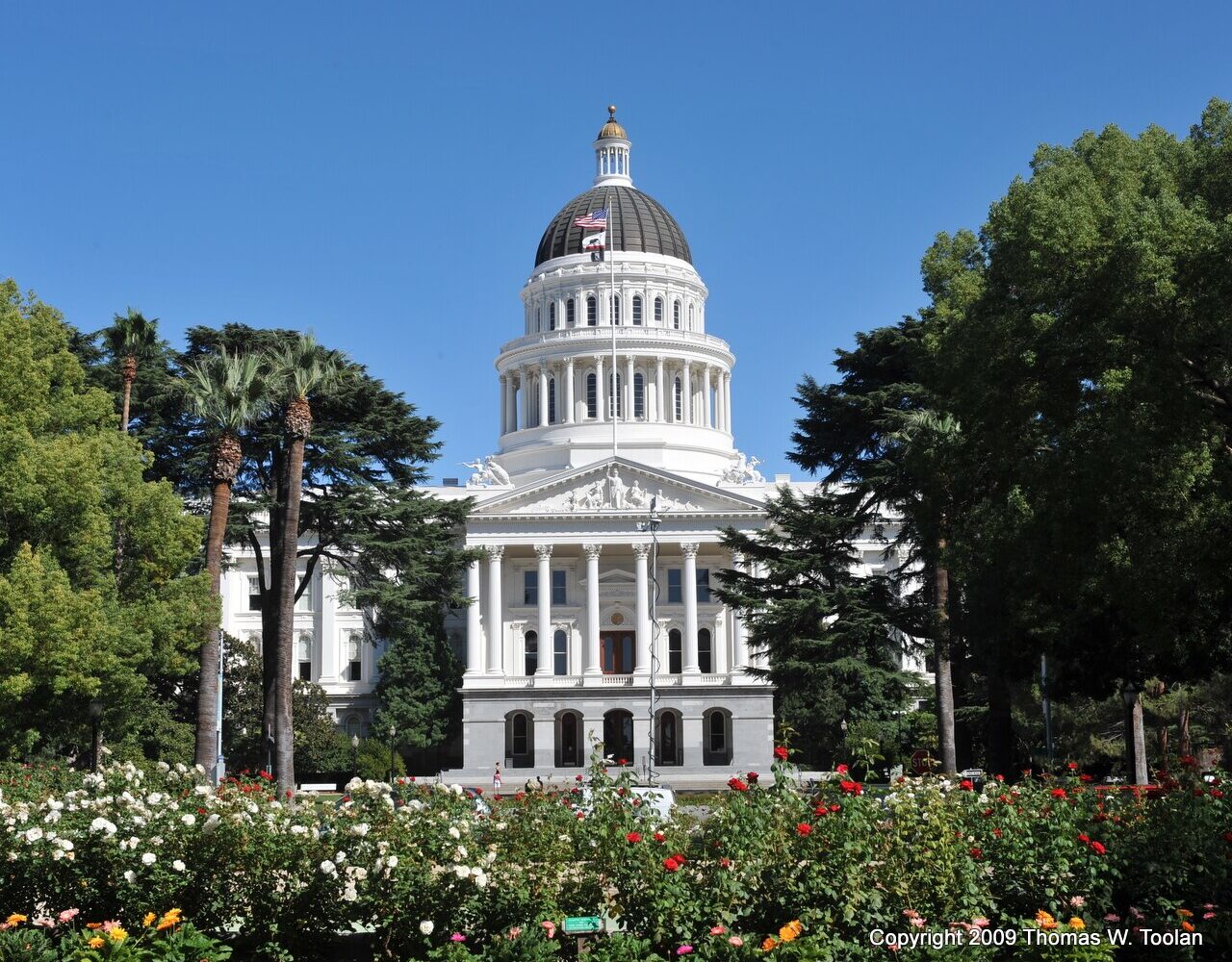 The California State Capitol in Sacramento; Governor Newsom's office announced the signing of 13 AI bills from Sacramento on 30 September (illustrative; photographed 2009).
