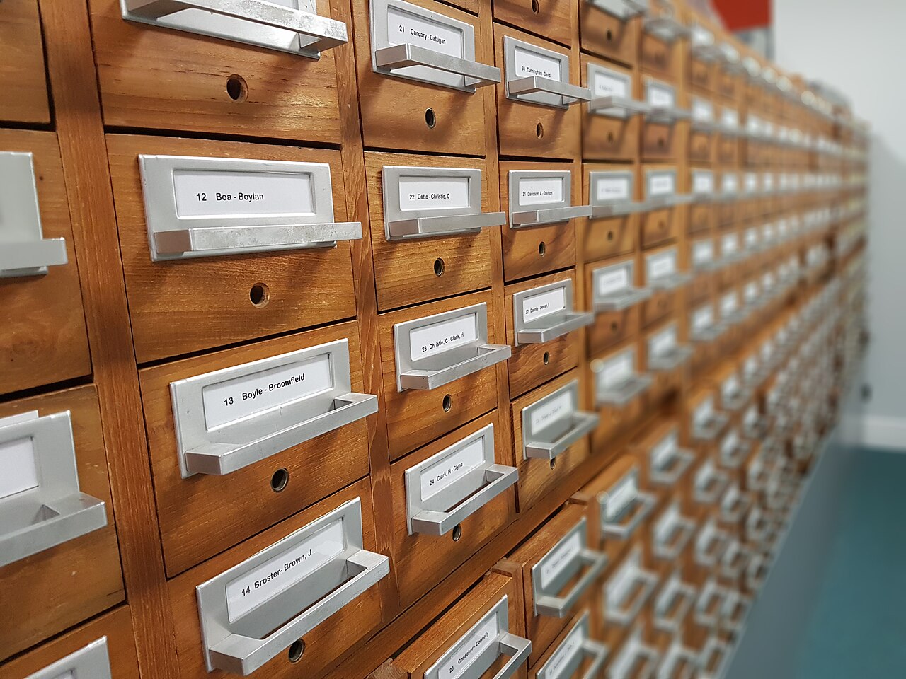 A card filing cabinet: an inventory records what exists, not what it achieved (illustrative).