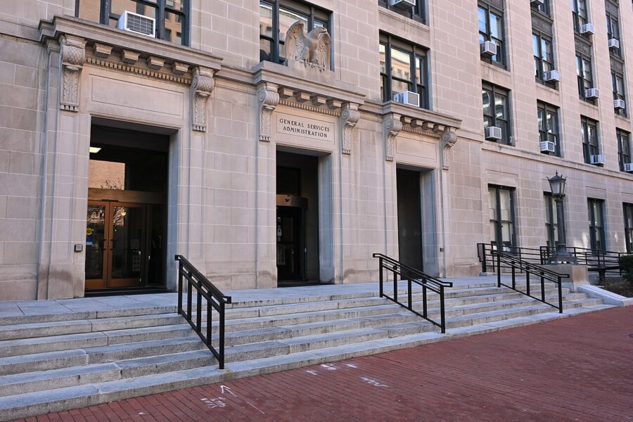 The main entrance to the General Services Administration headquarters at 1800 F Street NW, Washington DC.