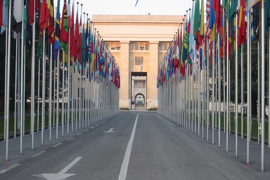 Flags in front of the Palais des Nations, Geneva, where the CCW Review Conference meets.