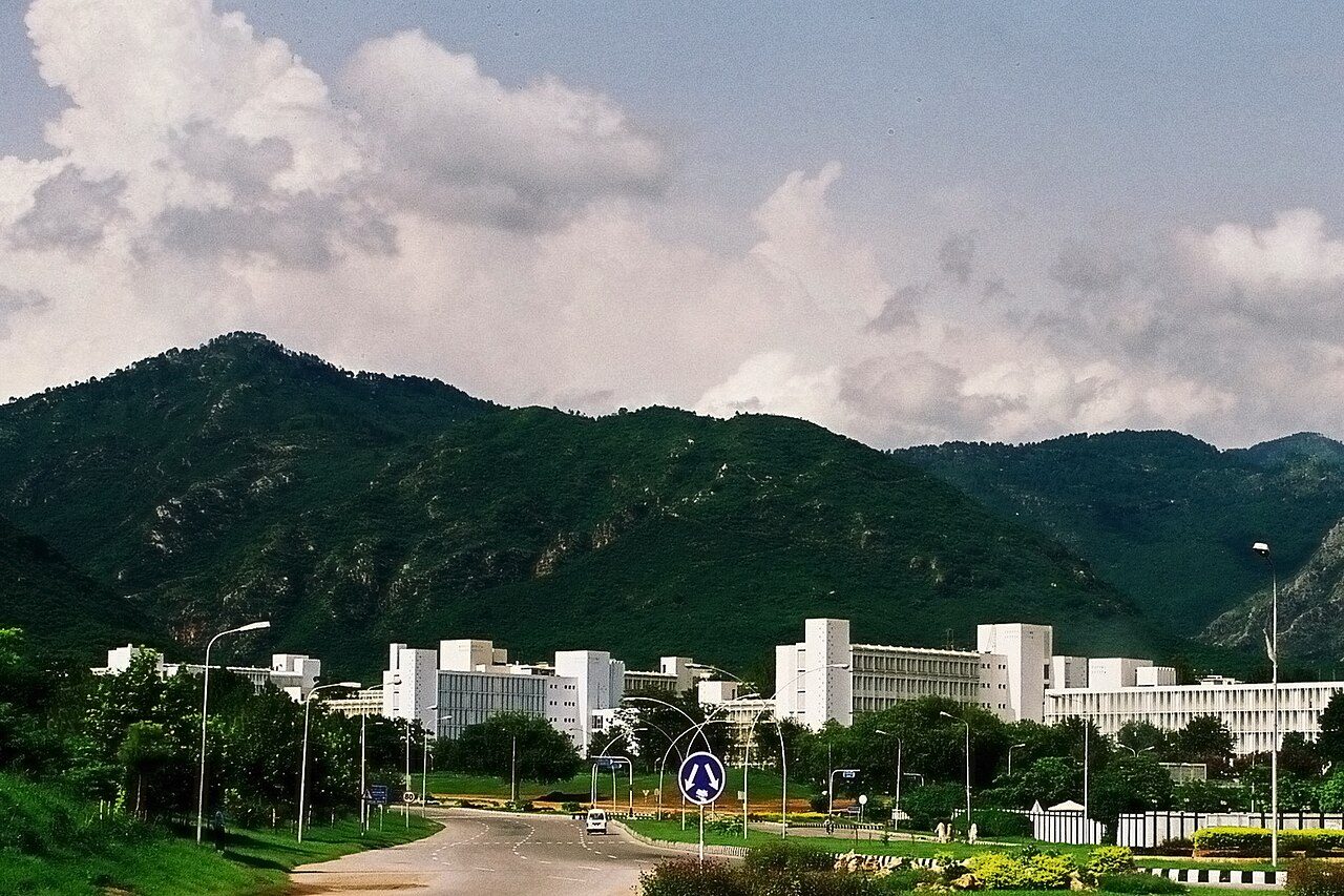 The Pakistan Secretariat buildings beneath the Margalla Hills, Islamabad